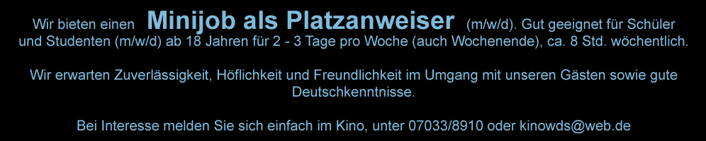 Kino-Center Weil der Stadt, Platzanweiser Minijob-Angebot
